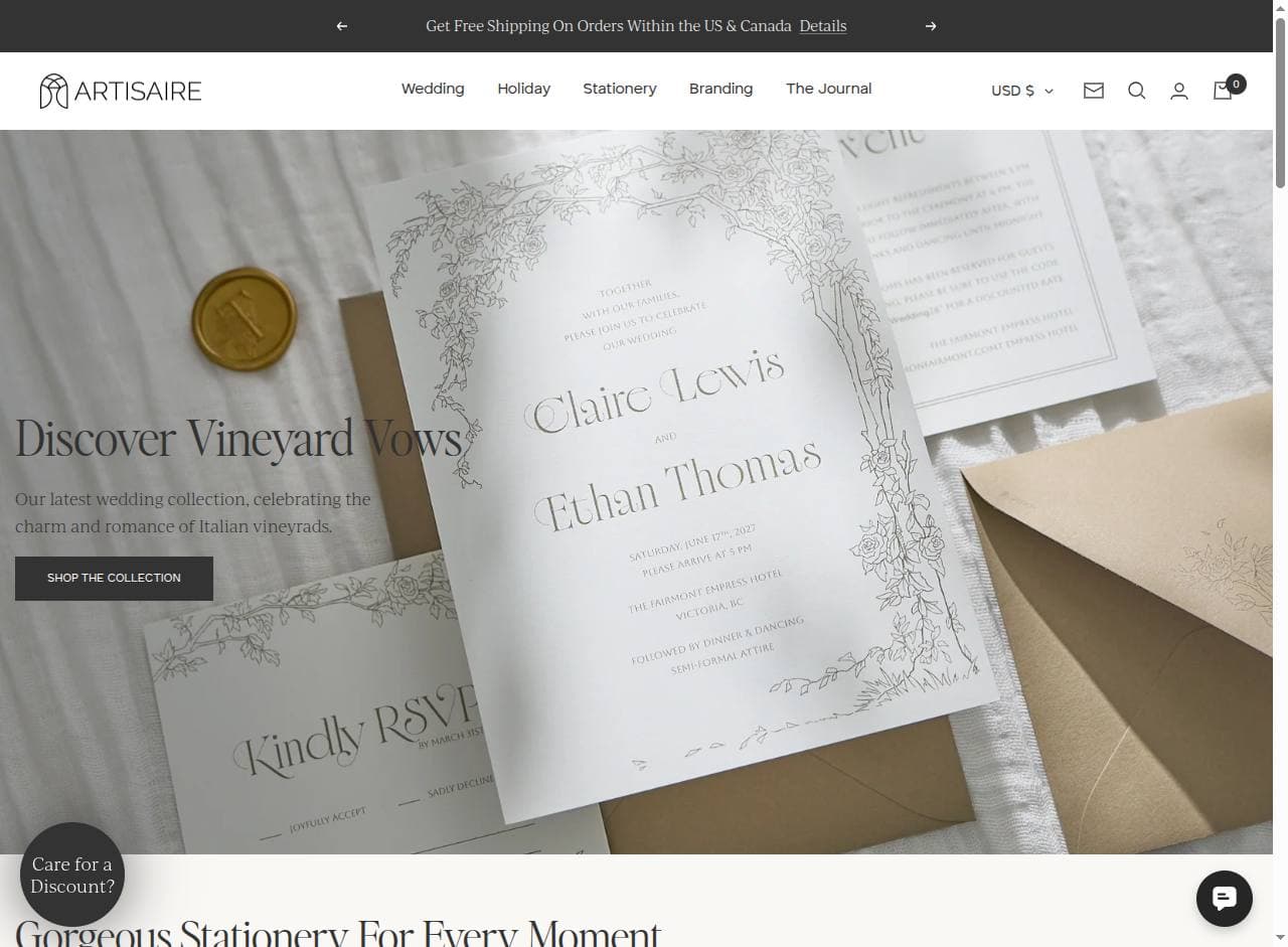 Artisaire storefront homepage